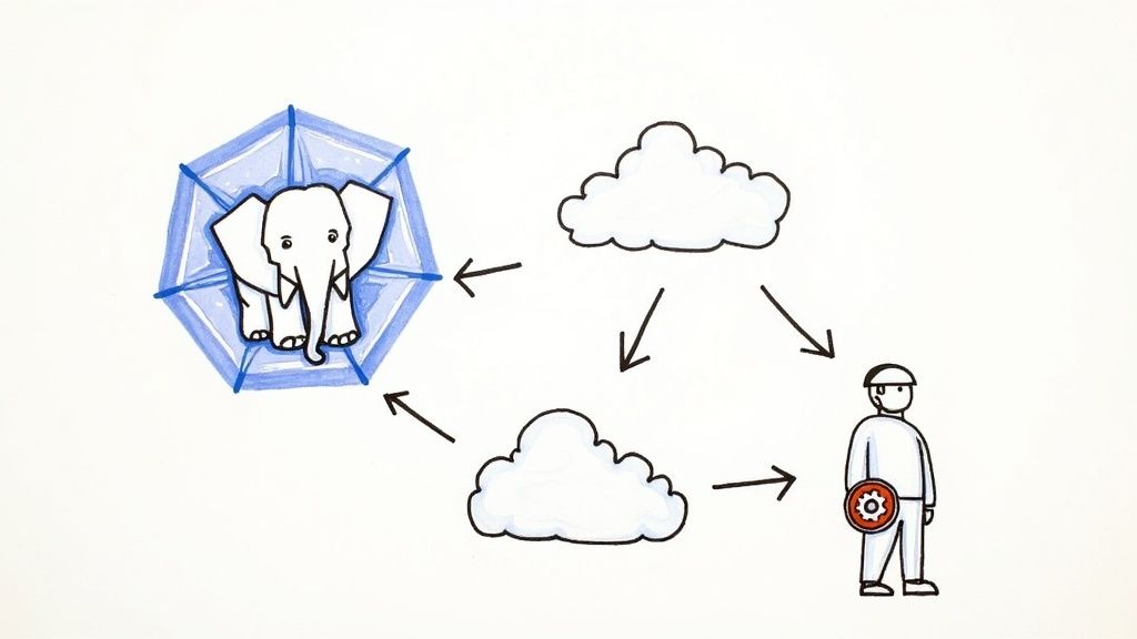 A stylized graphic showing the PostgreSQL and Kubernetes logos connected, representing their integration.