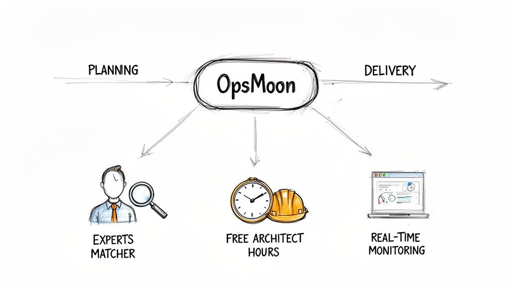 OpsMoon services diagram illustrating planning to delivery, offering expert matching, free architect hours, and real-time monitoring.