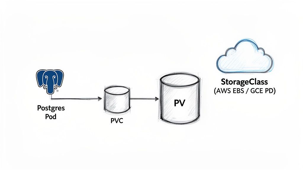 Diagram showing PostgreSQL Pod connecting to PVC, PV, and StorageClass for persistent data in Kubernetes.