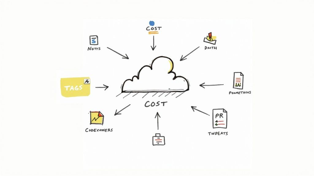 Hand-drawn diagram showing a central cloud receiving data from various cost, tags, and service management components.