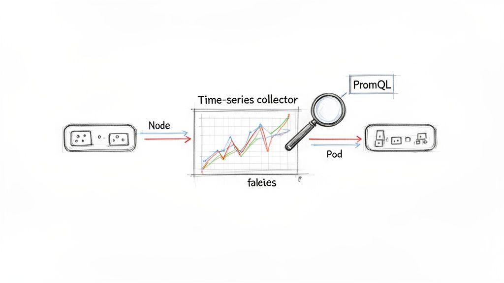 Diagram illustrating a Kubernetes monitoring workflow from node to pod using time-series collection and PromQL.