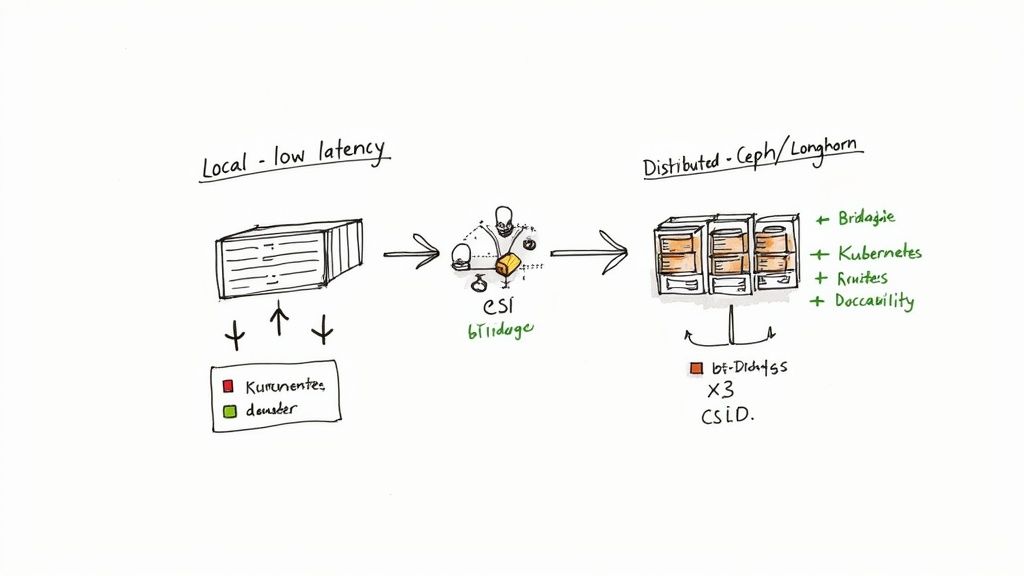 Diagram showing data flow from local low-latency Kubernetes storage to distributed Ceph/Longhorn architecture.