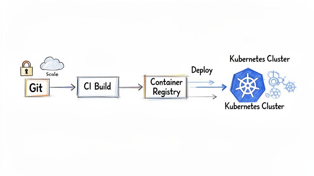A CI/CD pipeline diagram showing code from Git moving through CI Build, Container Registry, and deployed to a Kubernetes Cluster.