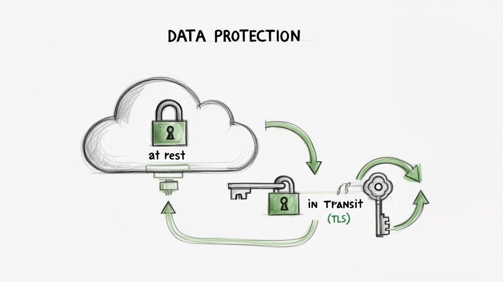 Diagram illustrating data protection: data at rest in a cloud and data in transit (TLS) with encryption.