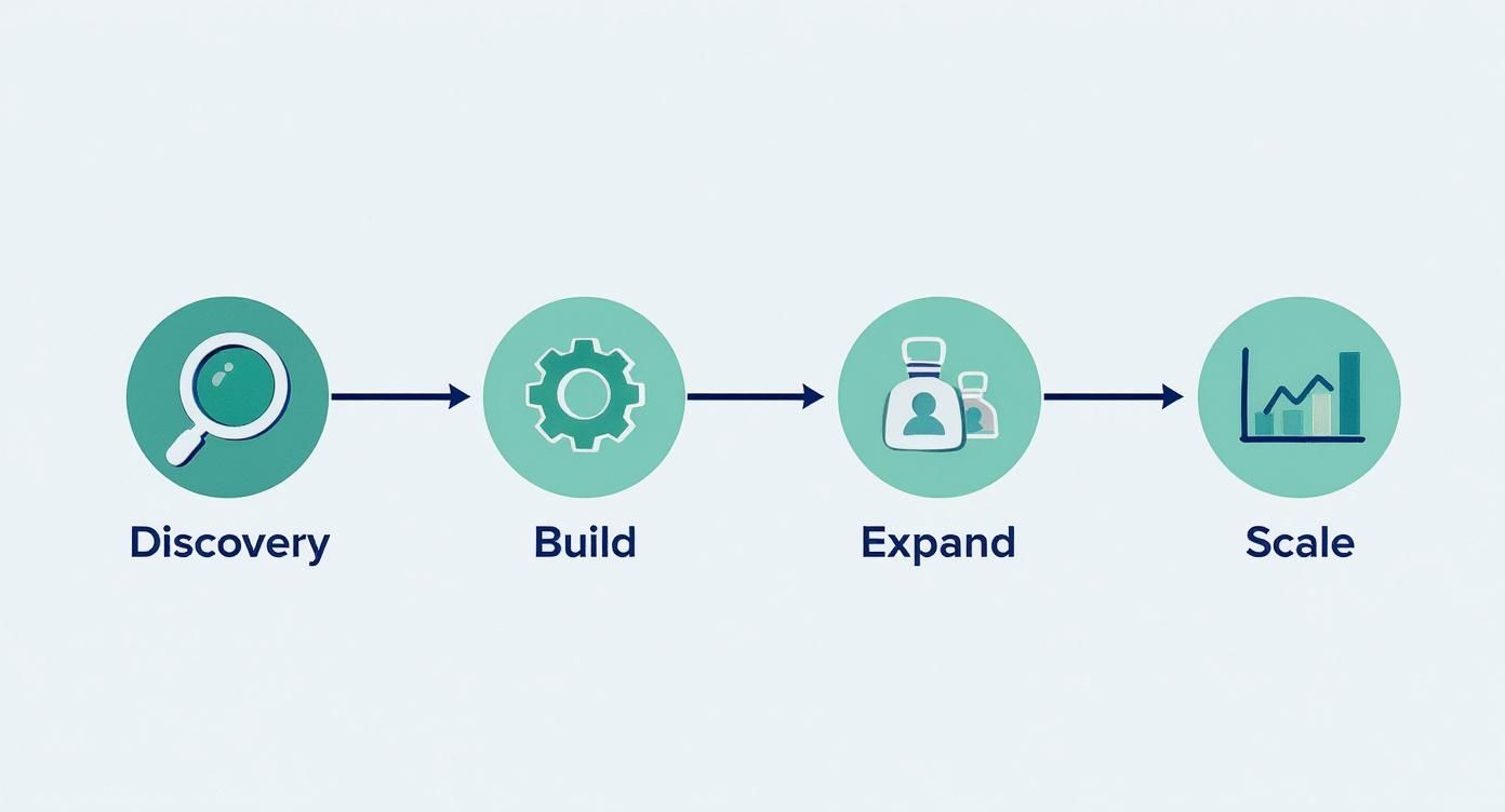 A four-step process diagram showing Discovery, Build, Expand, and Scale with corresponding icons.
