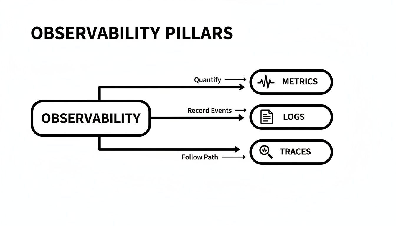 A diagram illustrating observability pillars: metrics for quantifying, logs for recording events, and traces for following paths.