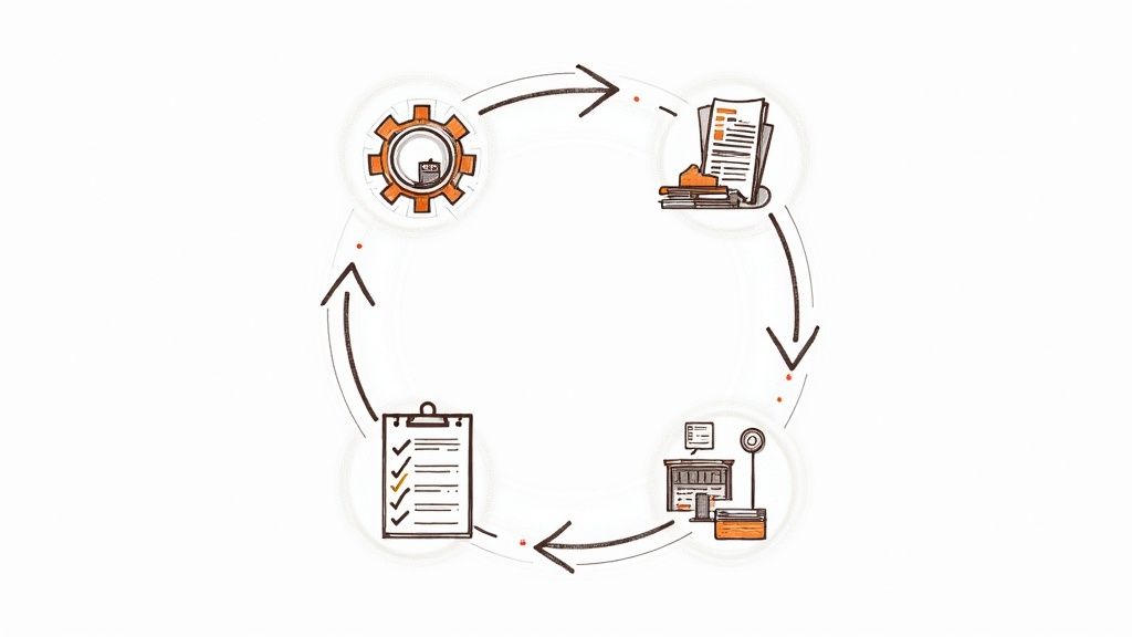 An abstract image showing interconnected nodes and data streams, representing a continuous monitoring and compliance feedback loop.