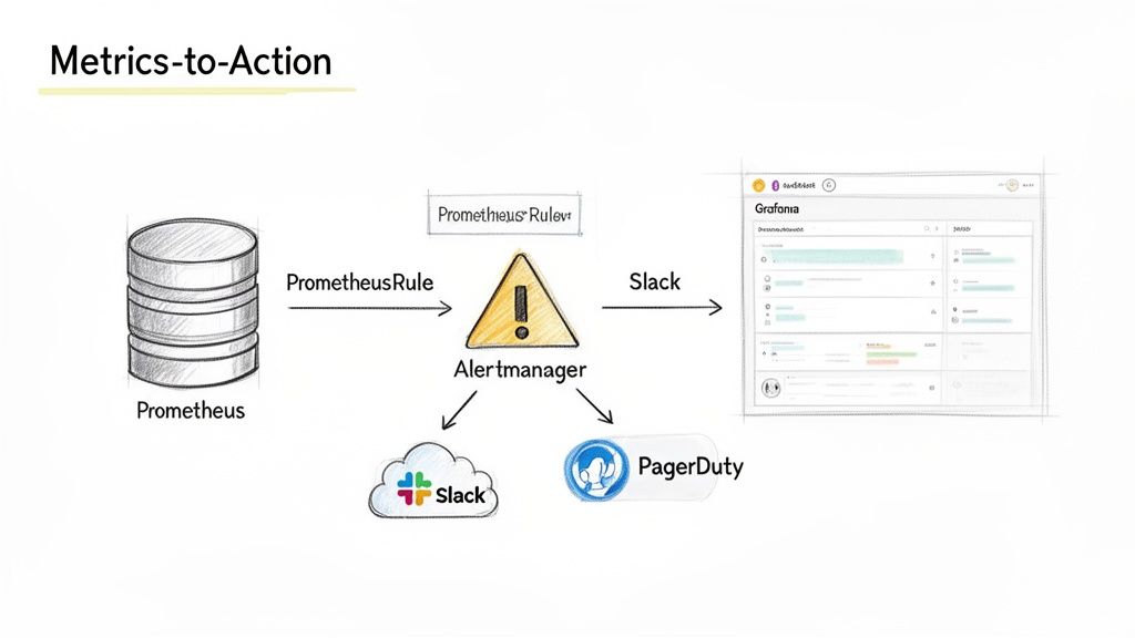 Diagram showing Prometheus monitoring, Alertmanager processing alerts, and notifications sent to Slack, PagerDuty, and Grafana.
