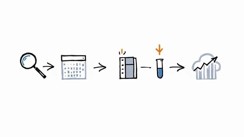 A team of professionals collaborating around a screen displaying cloud architecture diagrams, representing strategic business planning.