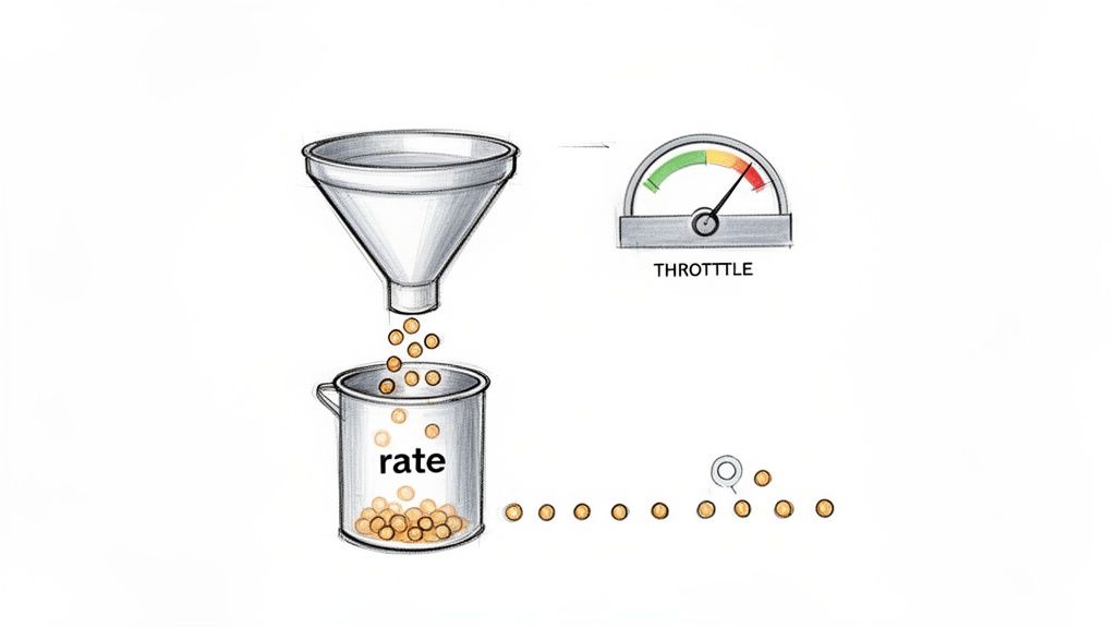 An illustration showing a funnel dropping items into a 'rate' bucket, with a 'throttle' gauge controlling the flow.