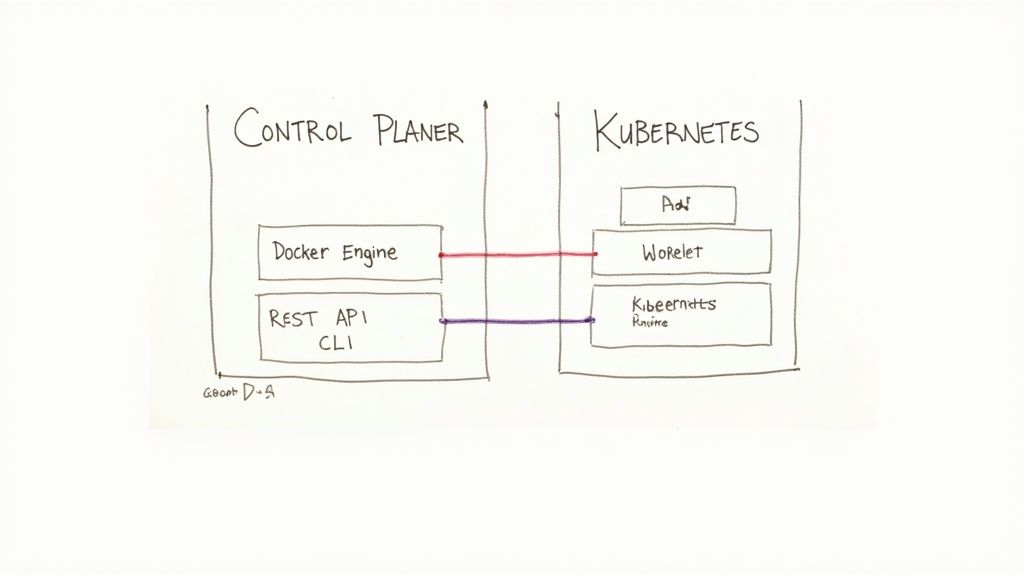 Hand-drawn diagram showing a Control Planer with Docker Engine and REST API CLI connecting to Kubernetes components.