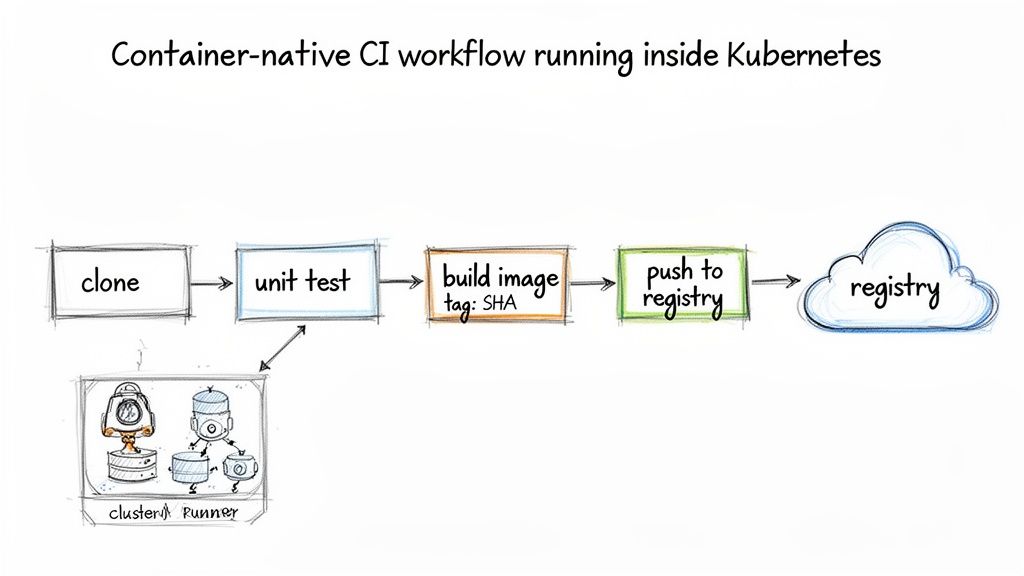 Diagram showing a container-native CI workflow on Kubernetes: clone, unit test, build image, and push to registry.