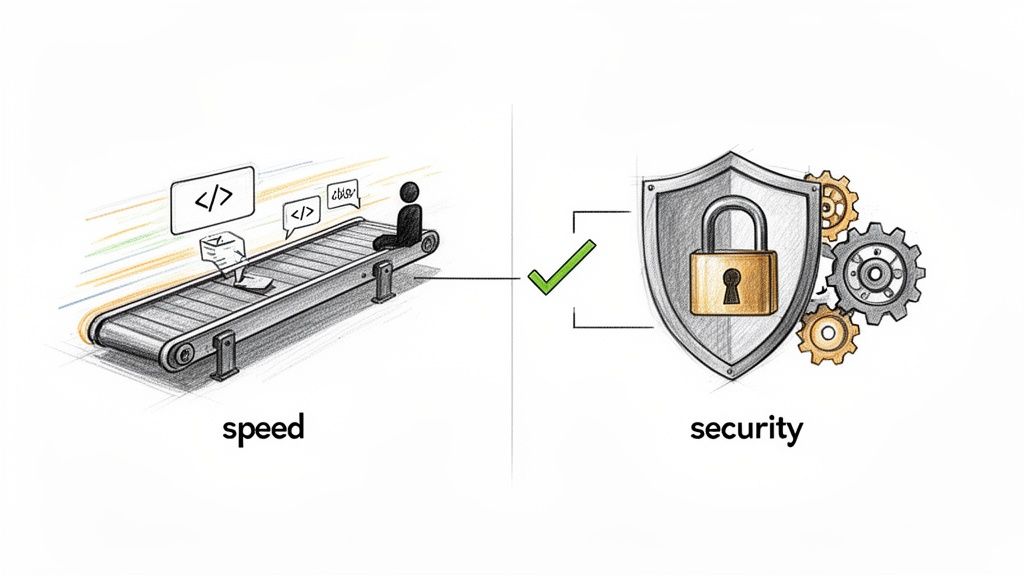 Conveyor belt representing speed in coding, connected by a checkmark to a shield and padlock symbolizing security.