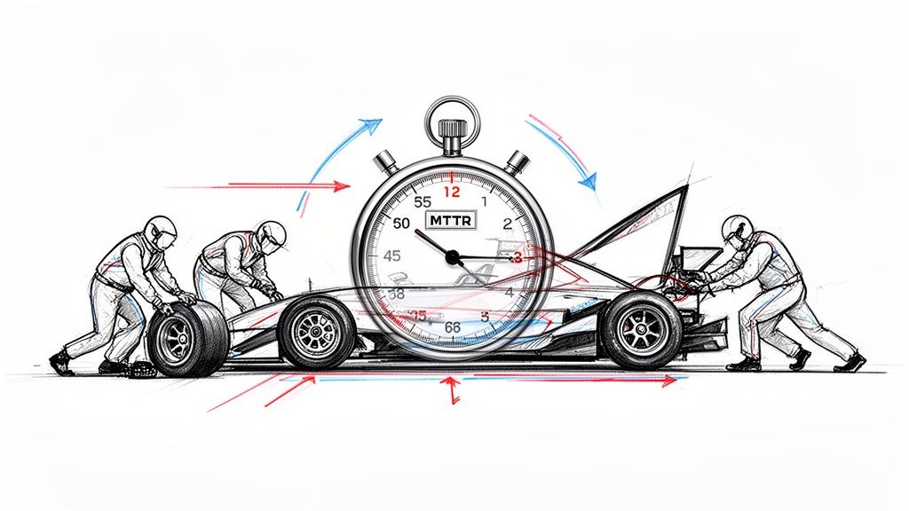 Pit crew members swiftly service a race car with a large stopwatch indicating Mean Time To Recovery (MTTR).