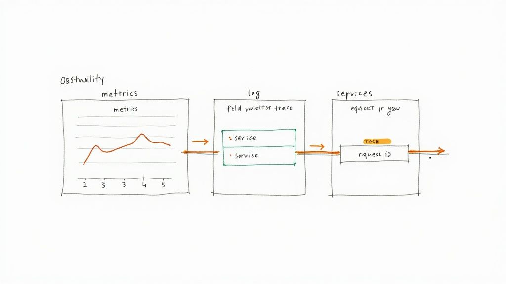 Hand-drawn diagram illustrating observability pillars: metrics, logs, and services, linked by arrows.