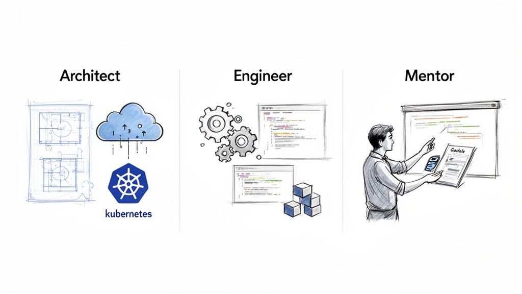 Illustrations depict an architect with blueprints and cloud, an engineer with code and gears, and a mentor teaching.