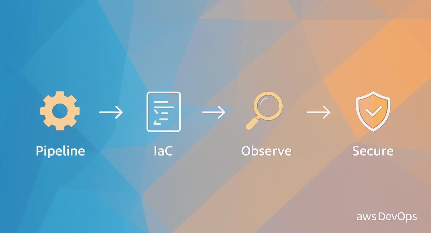 Infographic illustrating the process flow of AWS DevOps Pillars, including Pipeline, IaC, Observe, and Secure