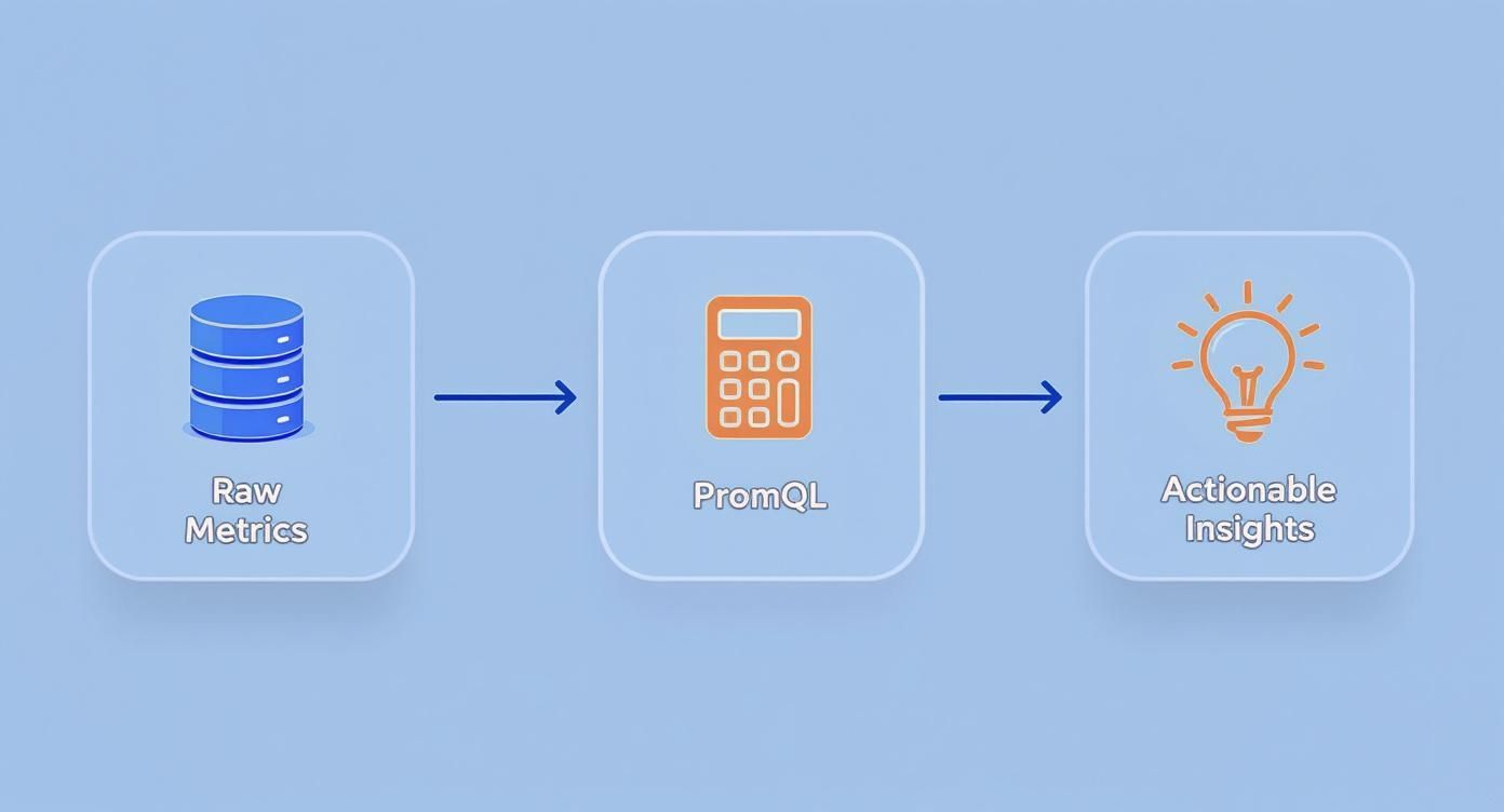 Data workflow diagram showing raw metrics processed through PromQL to generate actionable insights