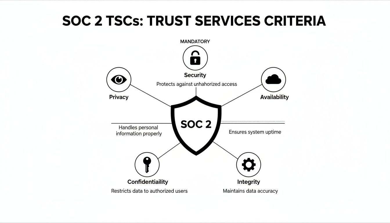 Diagram illustrating SOC 2 Trust Services Criteria: Security, Availability, Privacy, Confidentiality, and Integrity.