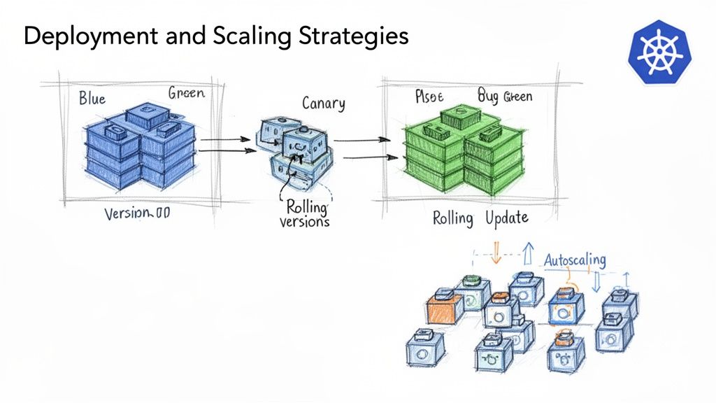 Diagram illustrating Kubernetes deployment strategies: Blue/Green, Canary, Rolling Update, and Autoscaling.
