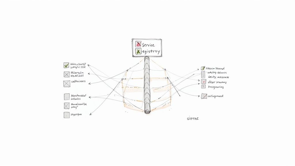 Diagram showing a service registry as a central hub for microservices