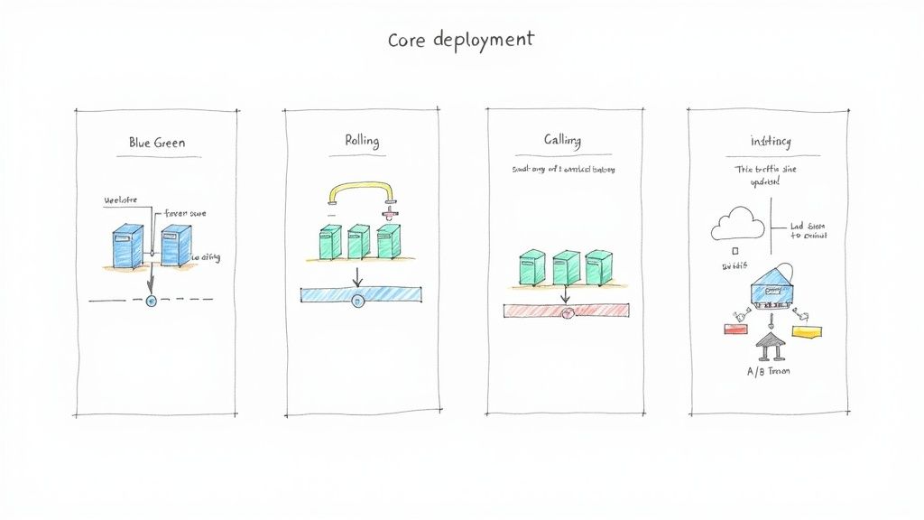Diagram illustrating four core software deployment models: Blue Green, Rolling, Canary, and A/B testing.