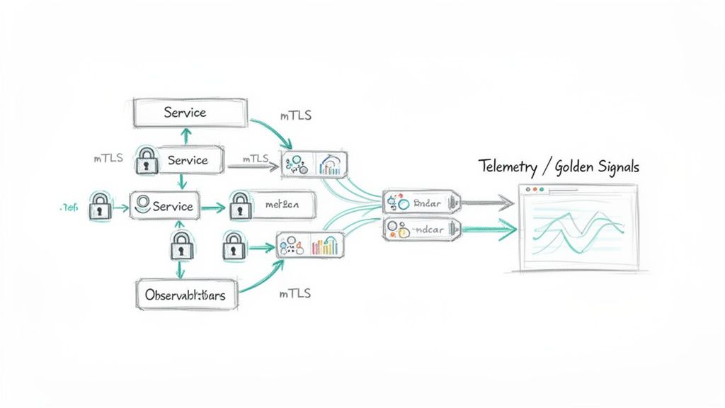 Architecture diagram detailing secure microservices with mTLS, metric collection, and observability for golden signals.