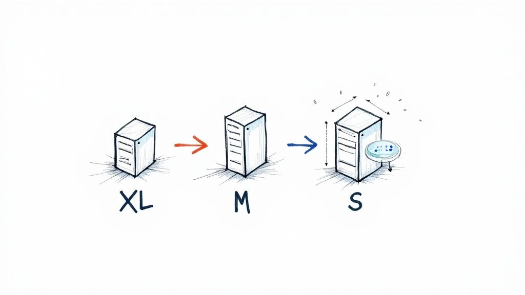 Illustration showing server racks decreasing in size from XL to M to S, representing scaling down.