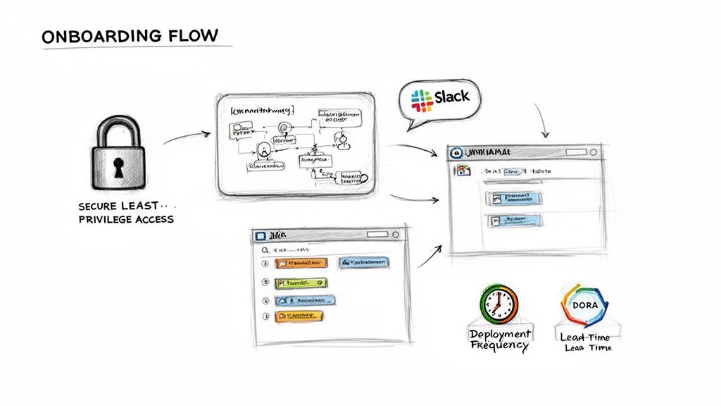 Diagram illustrating a secure onboarding flow with process steps, Slack integration, Jira tasks, and DevOps metrics.