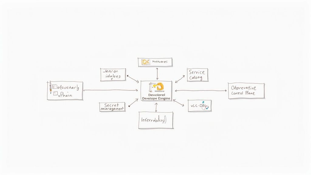 A whiteboard sketch illustrating a system architecture diagram with a central development engine connected to various components and services.
