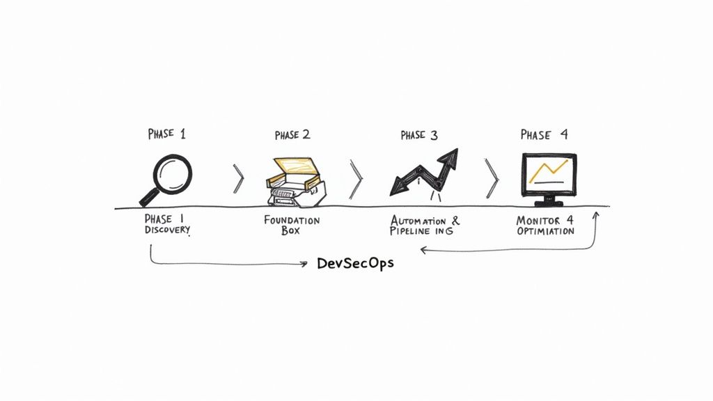 A continuous DevSecOps pipeline diagram showing phases: Discovery, Foundation Box, Automation, and Monitoring.