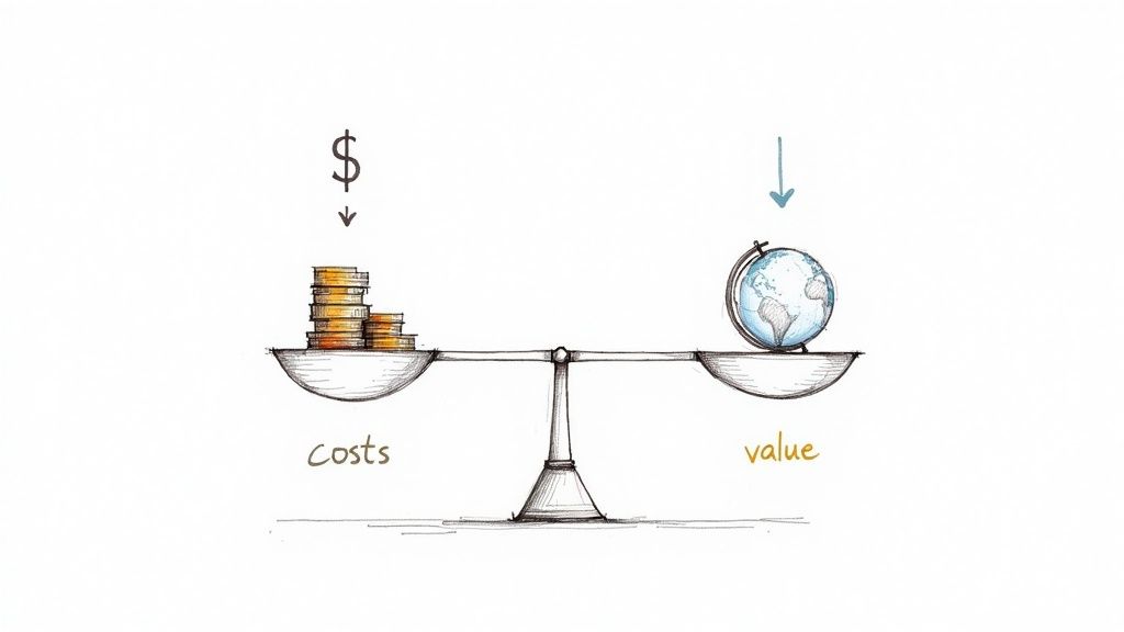 A hand-drawn illustration depicts a balance scale where 'costs' (coins, dollar sign) outweigh 'value' (globe).