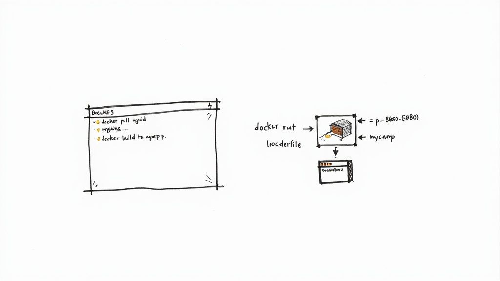 Hand-drawn notes and diagrams illustrate Docker commands, including build, pull, and a container run with port mapping.