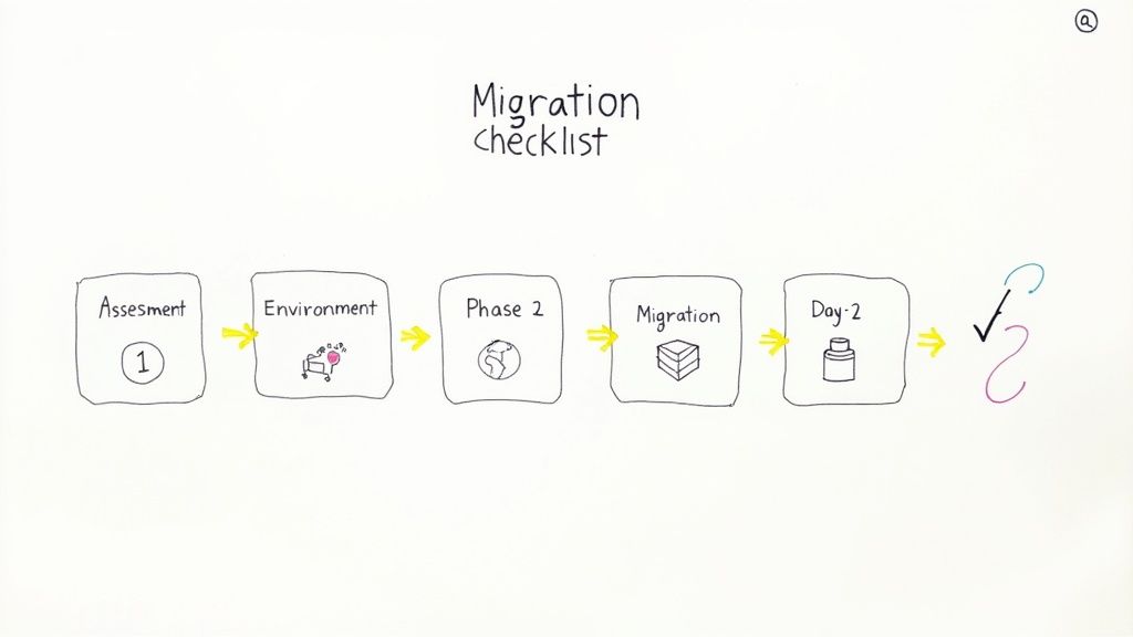 A handwritten 'Migration checklist' flowchart outlining five steps: Assessment, Environment, Phase 2, Migration, and Day-2.