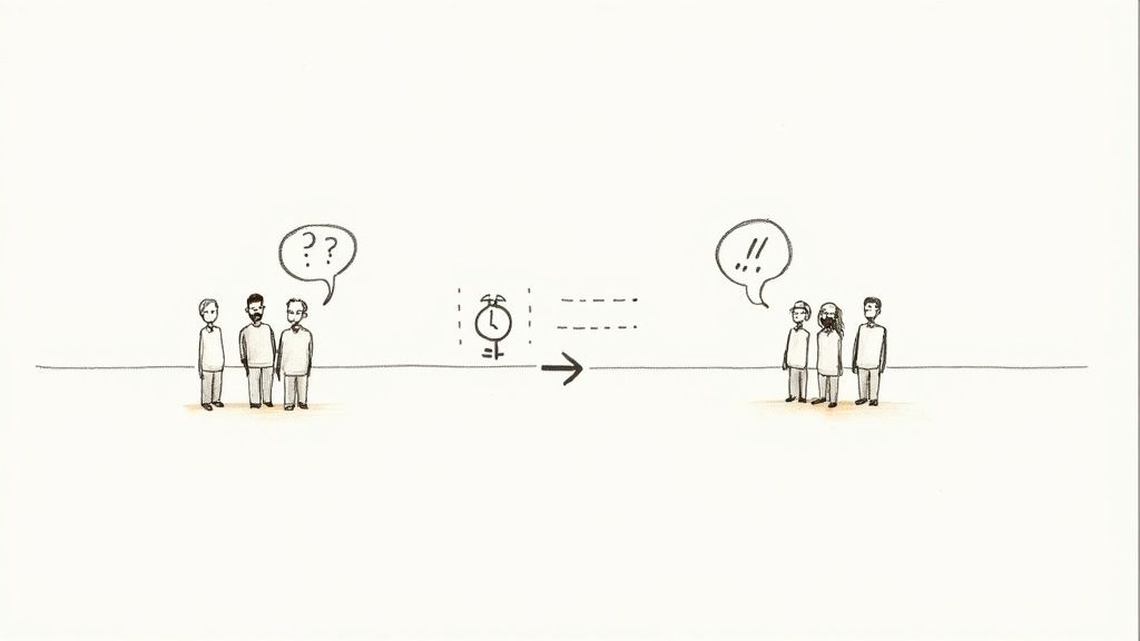 Cartoon showing three confused people becoming clear and understanding after a timed process.