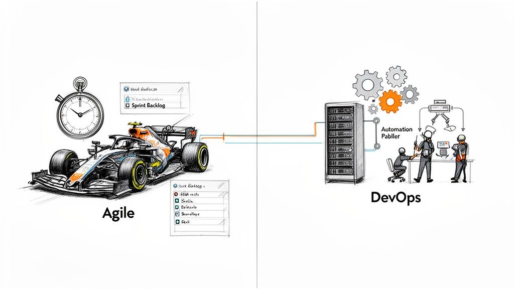 An illustration comparing Agile development, represented by a race car, with DevOps, depicted by servers and engineers.