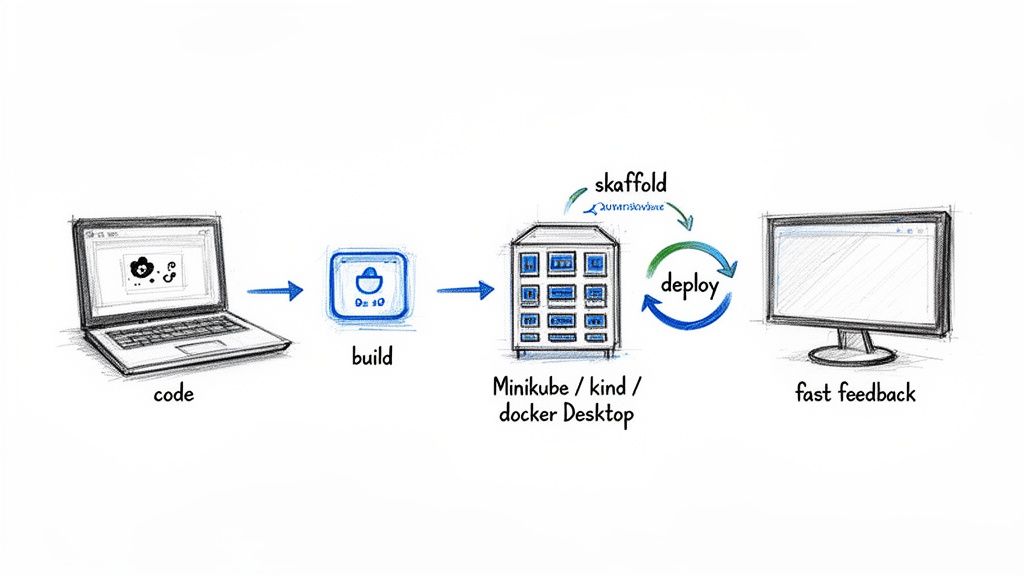 A developer's workflow: code, build, deploy to local Kubernetes using Skaffold, getting fast feedback.