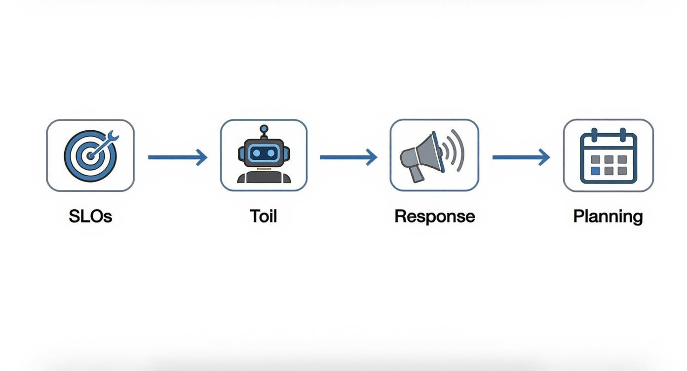 Workflow diagram showing SLOs, automated toil reduction, incident response communication, and planning calendar in sequence