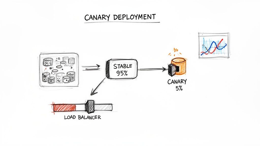 A visual explanation of canary deployment, showing 95% stable traffic and 5% canary traffic monitored by a graph.