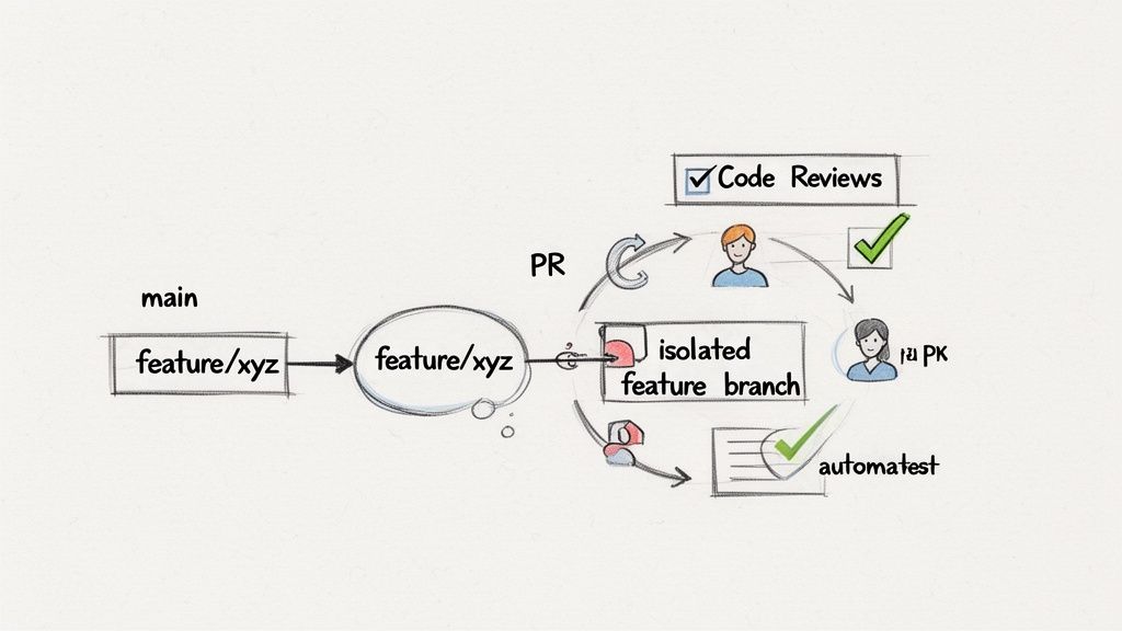 A diagram illustrating a Git workflow with feature branches, pull requests, code reviews, and automated testing.