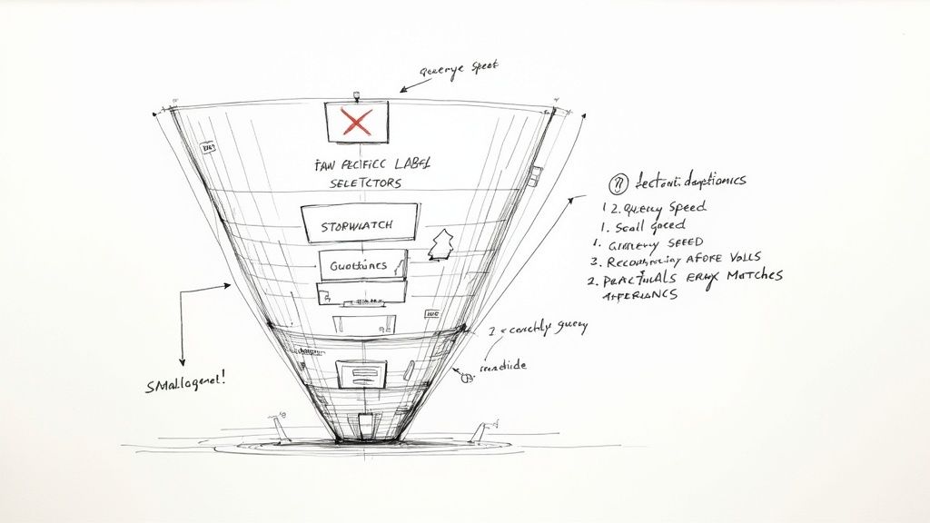 Hand-drawn funnel diagram showing query optimization stages with labels for Stopwatch, Guidelines, and fan selectors