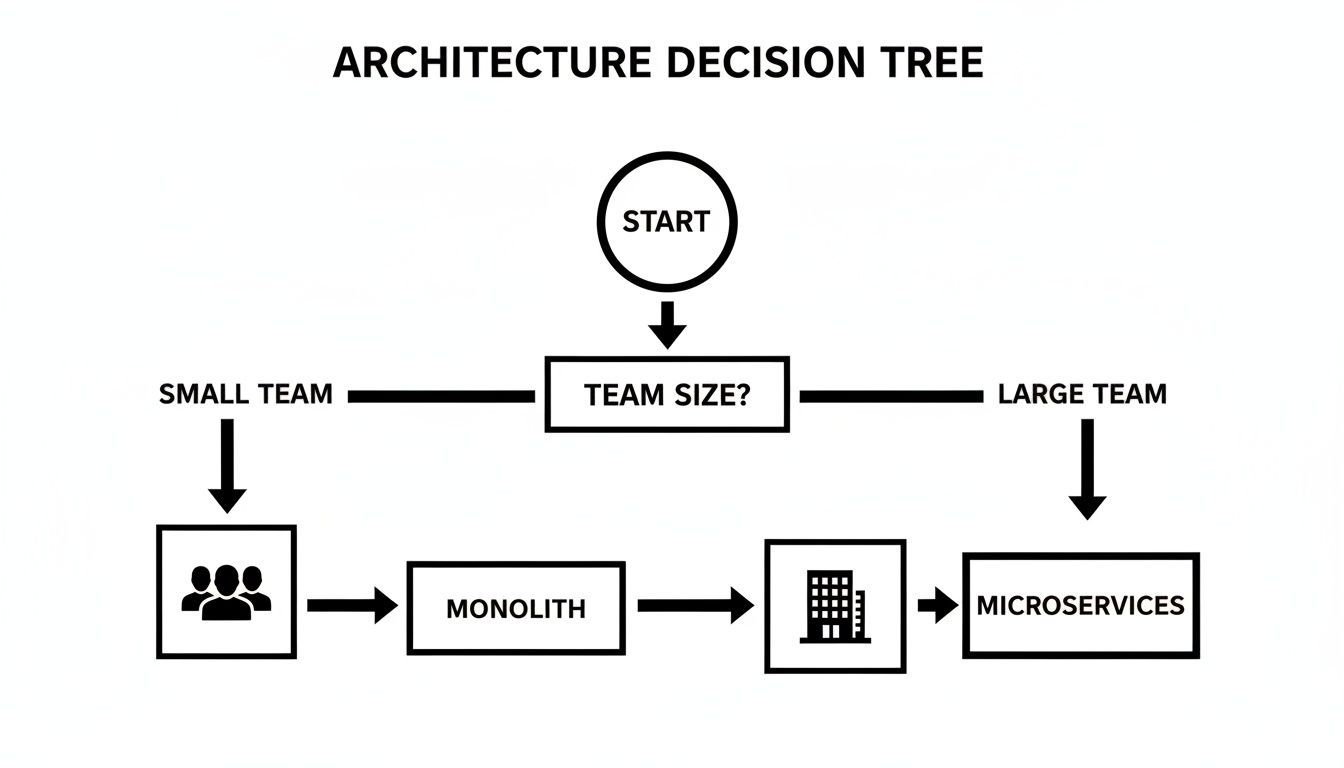 Architecture decision tree flowchart comparing monolithic and microservices based on small or large team size.