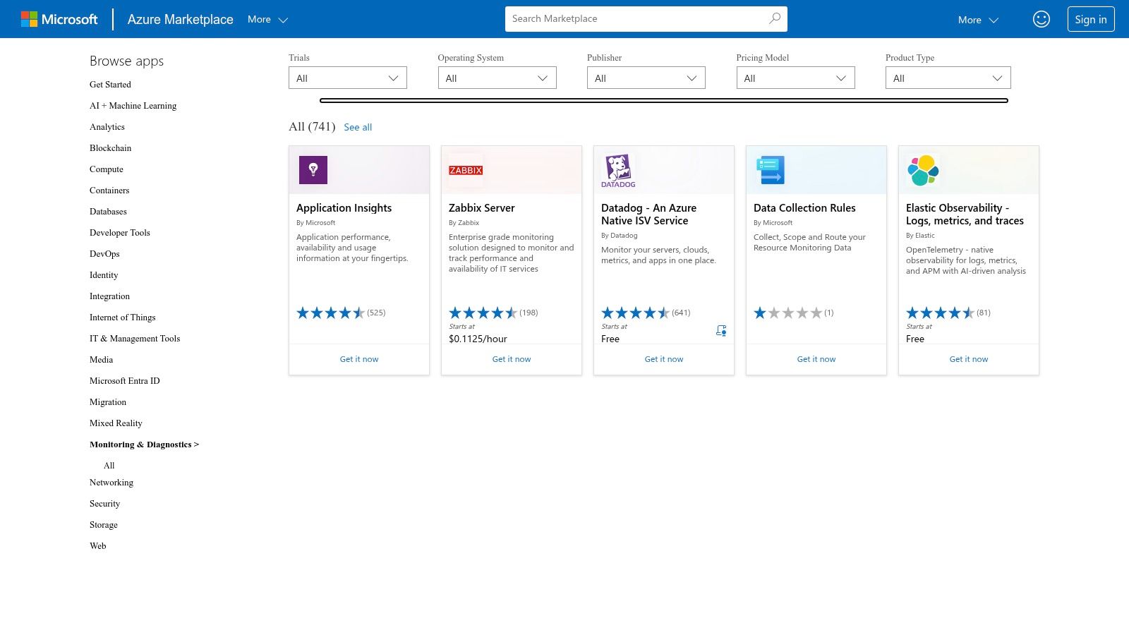 Microsoft Azure Marketplace (Monitoring & Diagnostics)