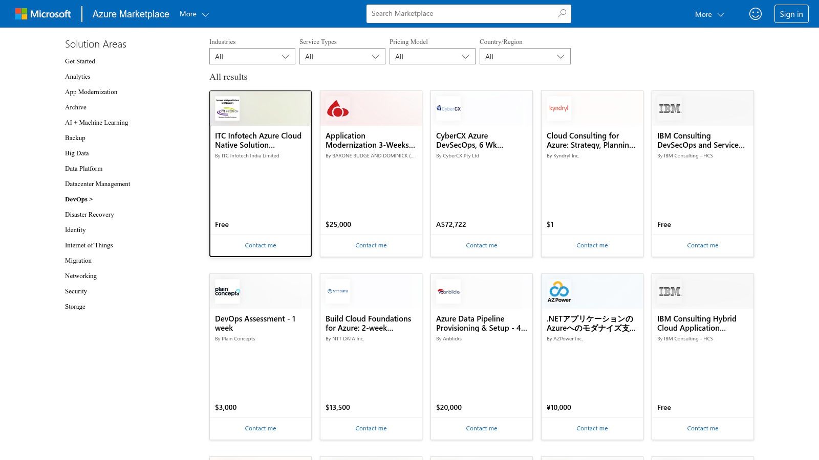 Microsoft Azure Marketplace – Consulting Services (DevOps category)