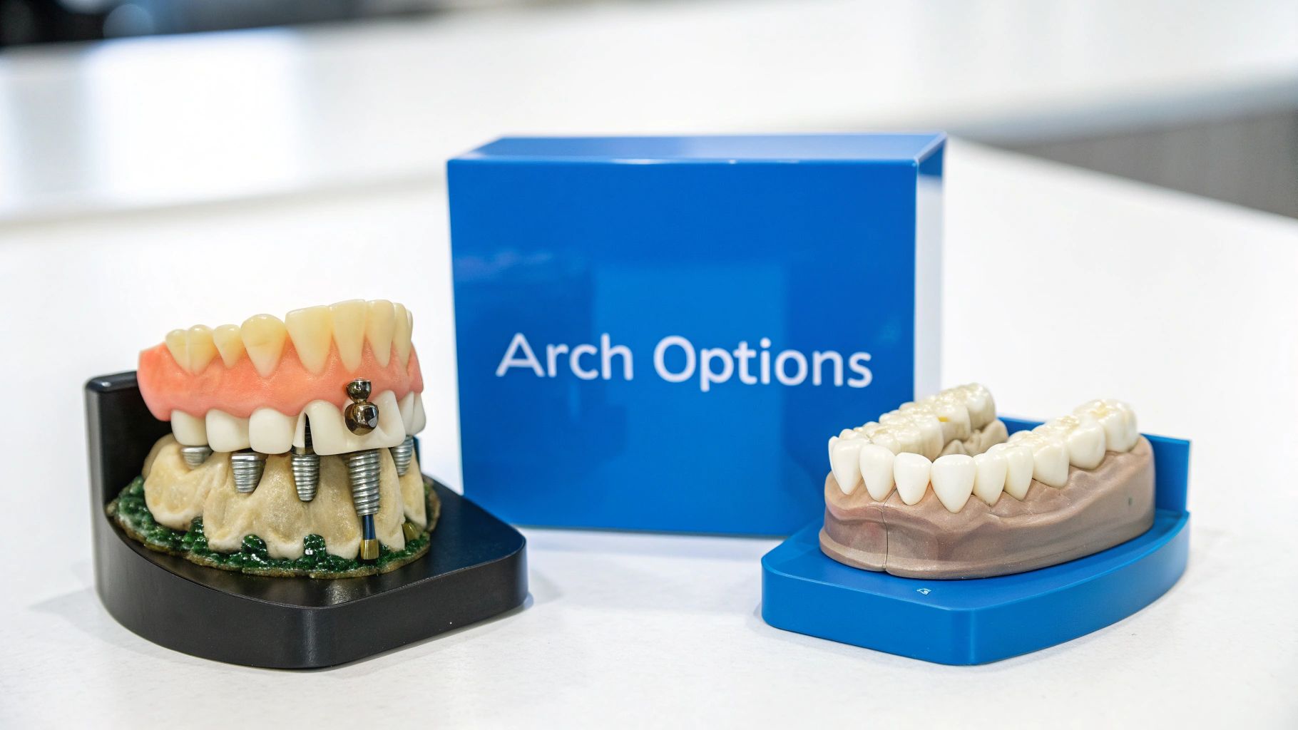 Two different types of full arch dental implants being compared.