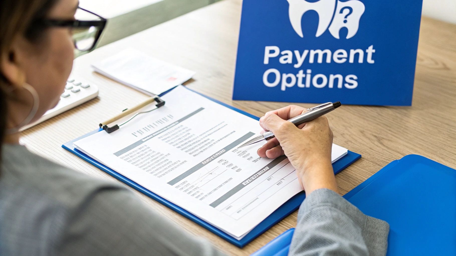 A person holding a health insurance card and a calculator, planning their dental budget.