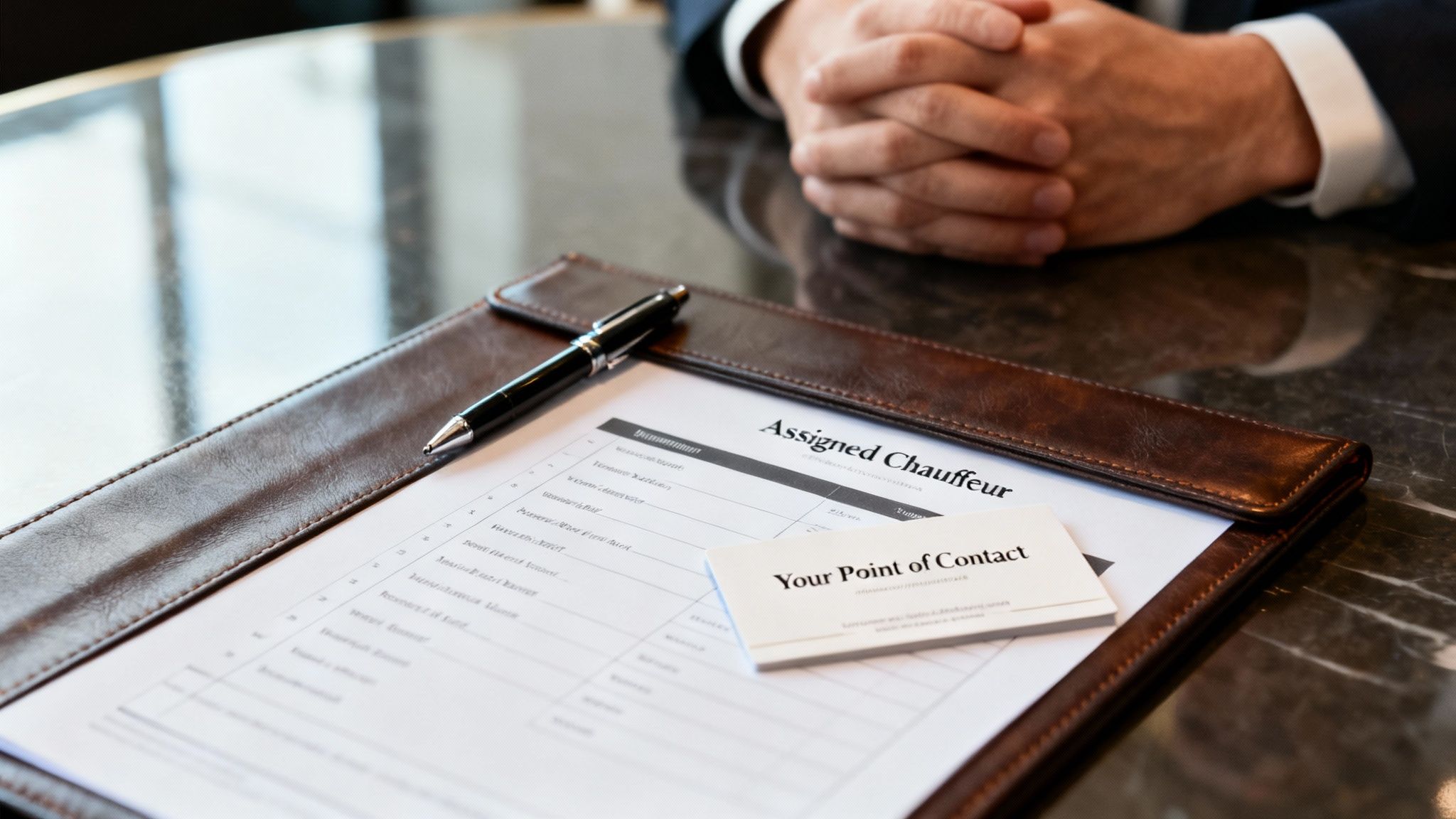 Your Guide to a Truly Luxury Car Service: 3 Ways to Ensure Perfect Predictability 4 Close-up of a document titled 'Assigned Chauffeur' with a 'Your Point of Contact' business card and a pen, on a table.
