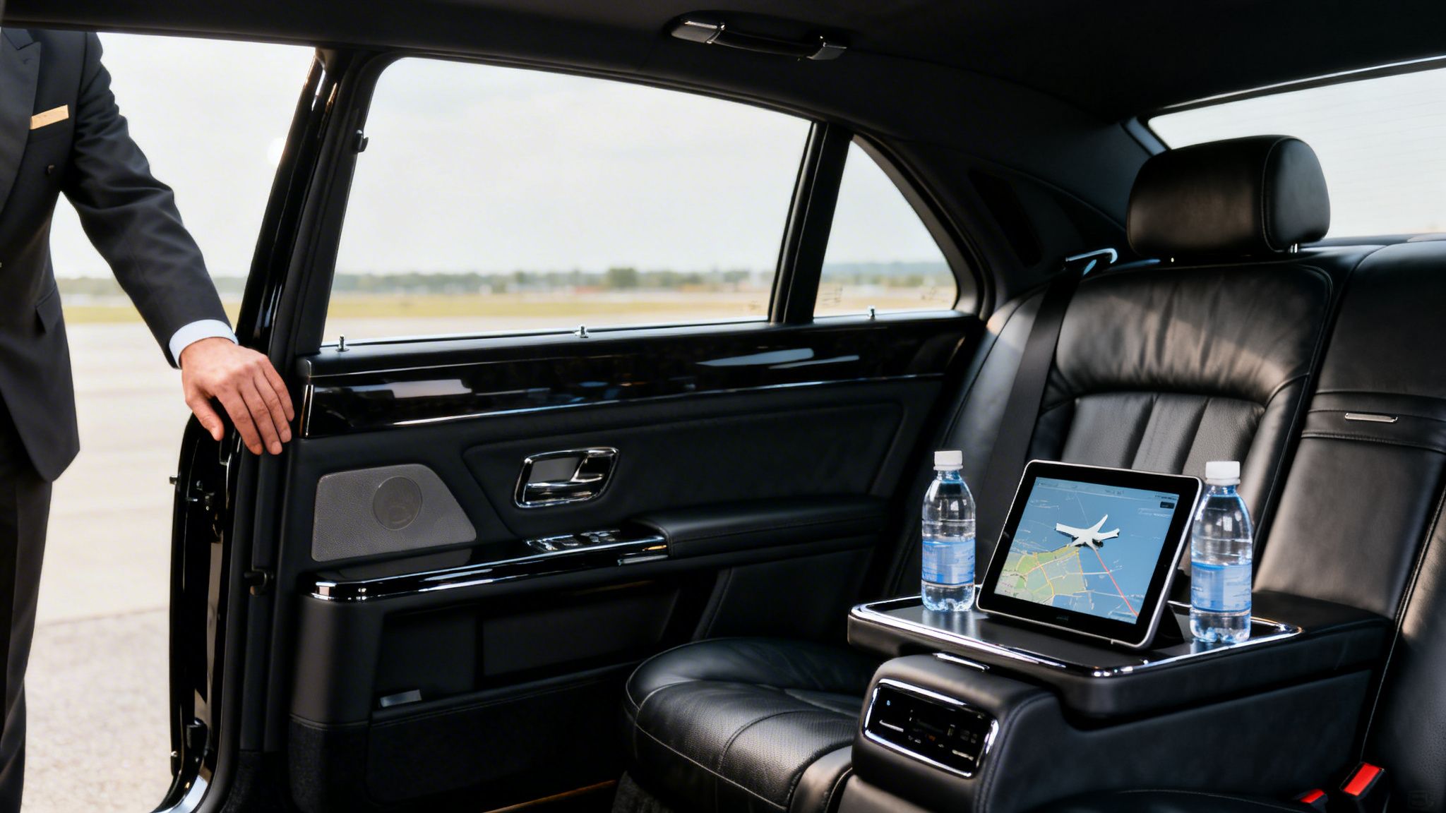 What is black car service? A Guide to Certainty in 3 Steps 3 Chauffeur opening the door of a luxury black car, revealing a tablet with flight tracking and water bottles inside.