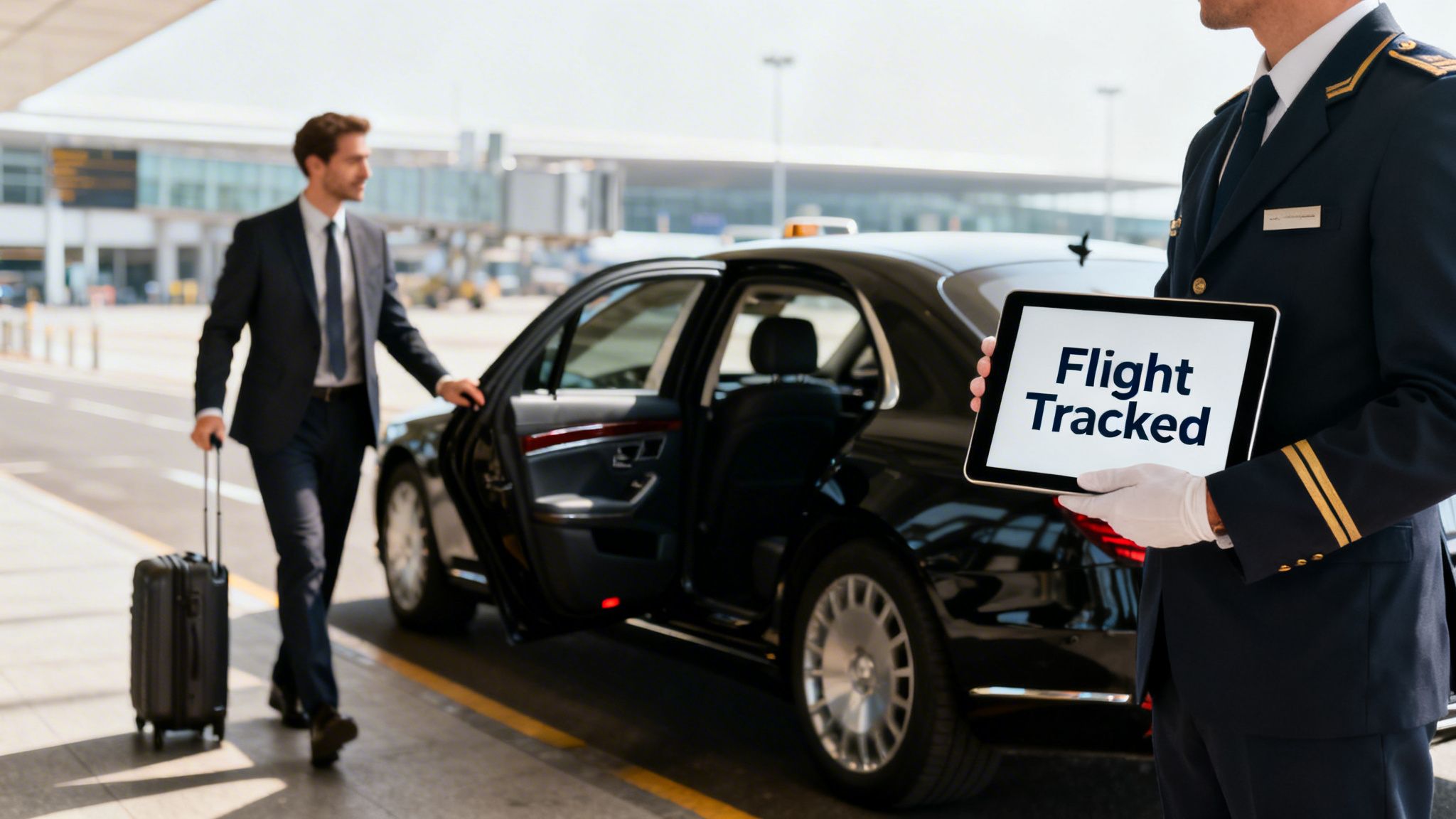 Corporate Travel Policy Template: 5 Steps to End Travel Chaos for Good 2 A chauffeur holds a tablet showing 'Flight Tracked' as a businessman with luggage enters a luxury car at an airport.