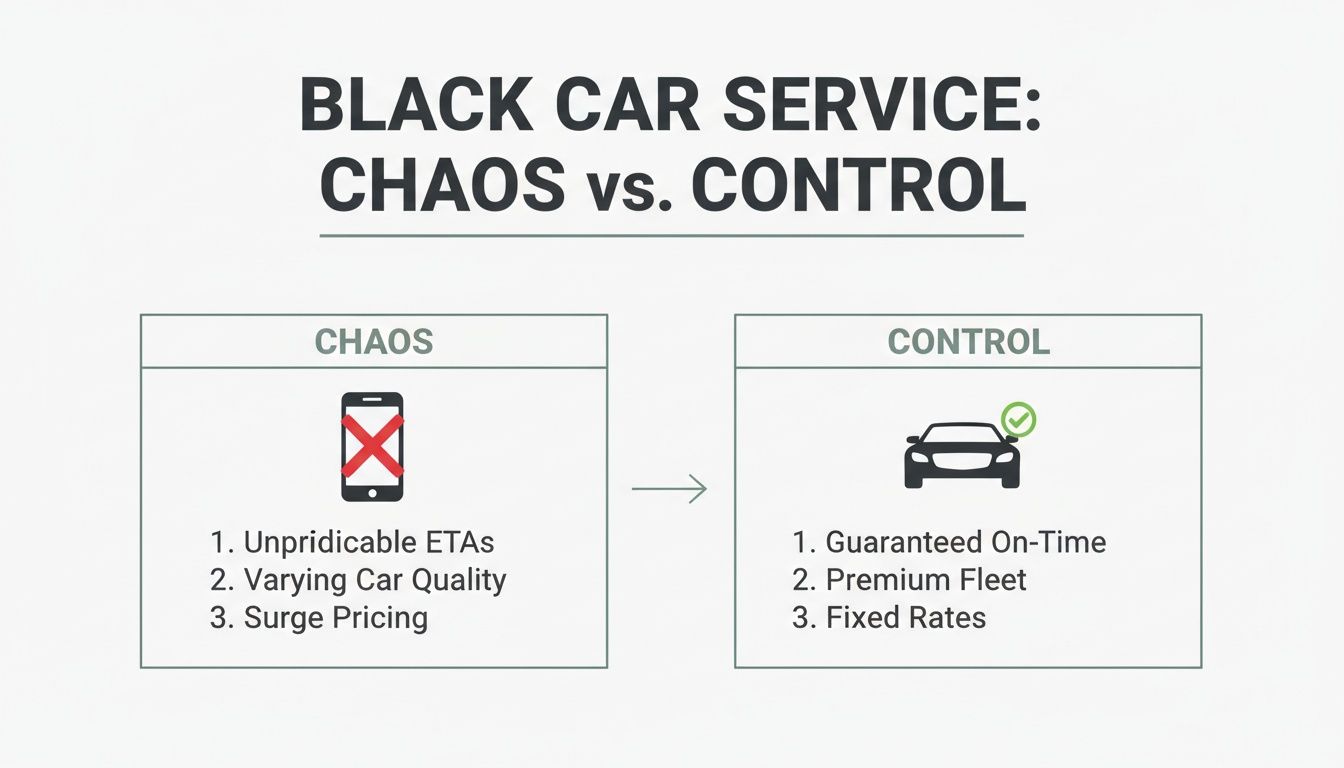 What is black car service? A Guide to Certainty in 3 Steps 2 Infographic contrasting unpredictable ETAs and surge pricing with guaranteed on-time, premium black car service.